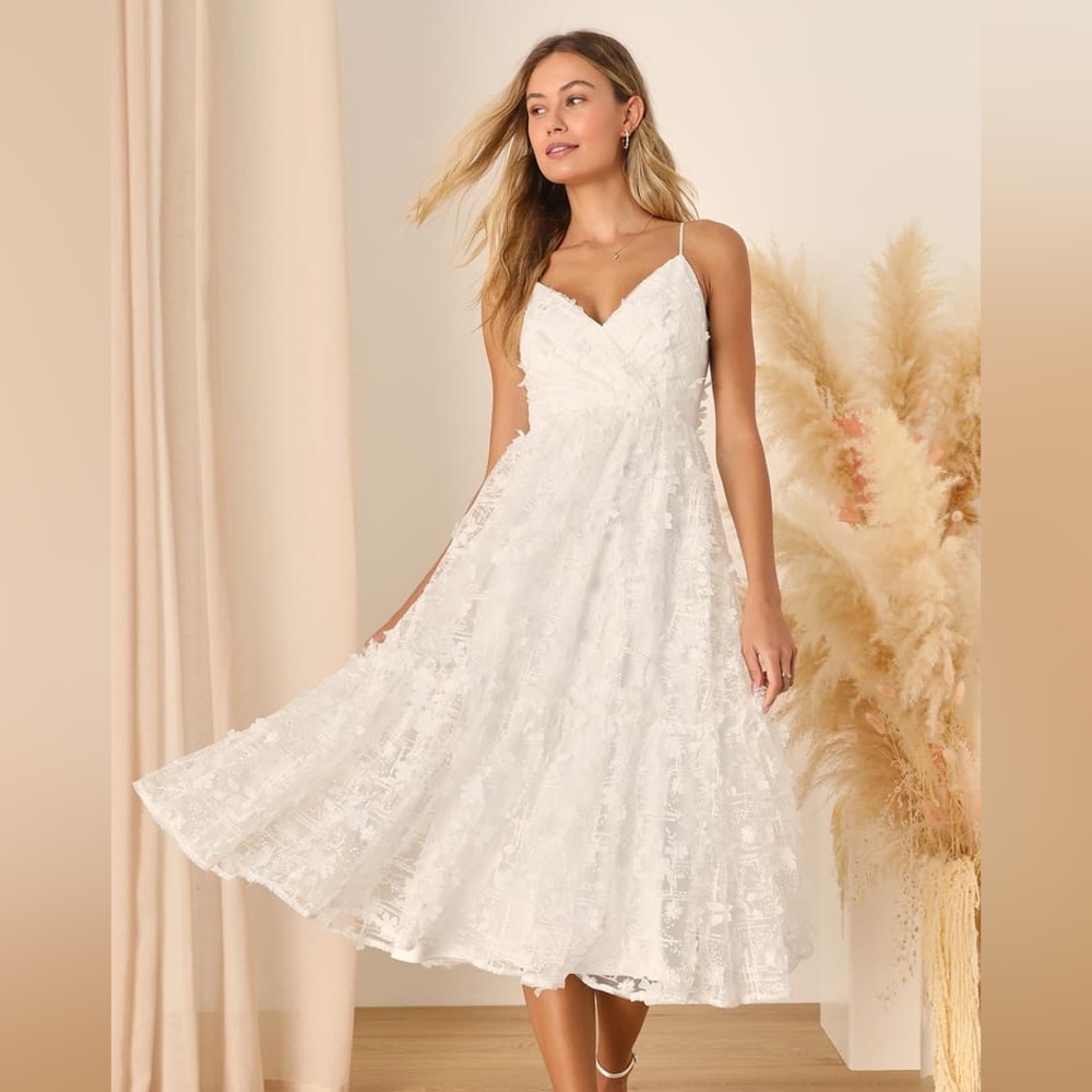 Lulus Springtime Soiree White Sequin 3D Floral Applique Midi Dress, Size: M